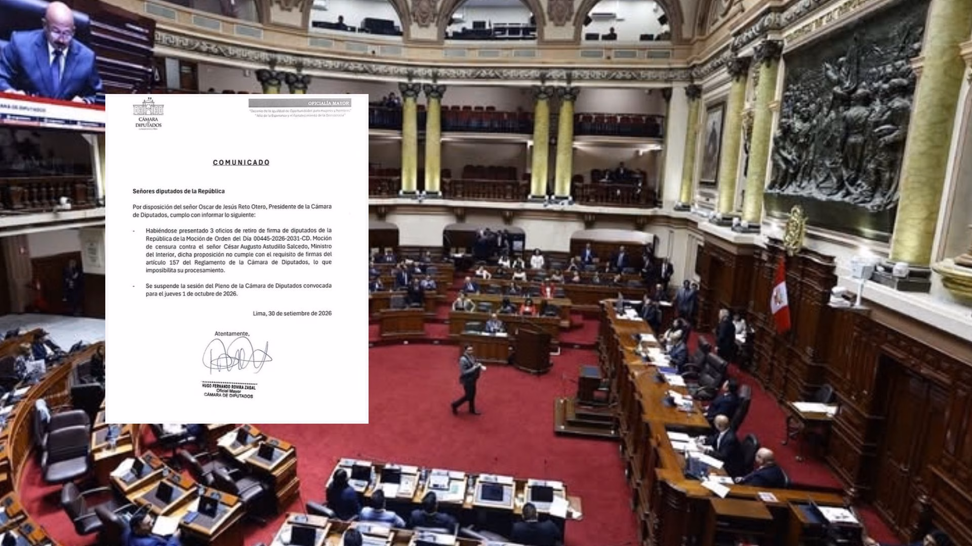 Diputados suspenden sesión del Pleno que iba a debatir censura contra Ministro del Interior, César Astudillo