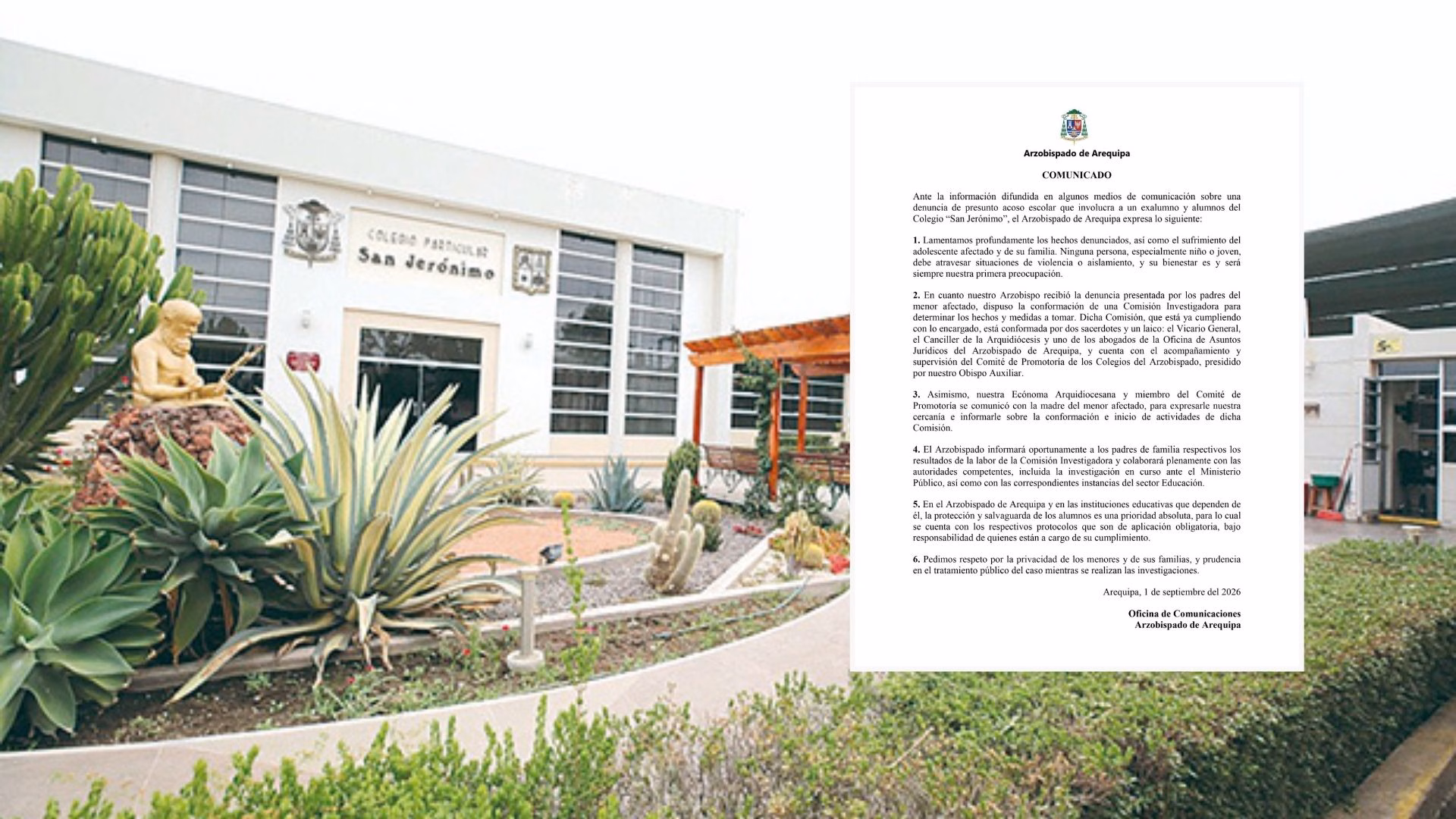 Arzobispado de Arequipa abre investigación por presunto bullying contra exalumno del colegio San Jerónimo