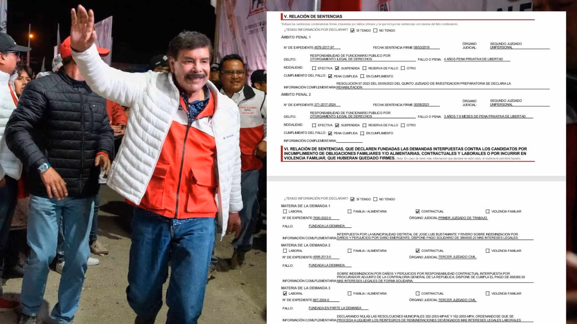 Alfredo Zegarra dijo no tener sentencias y mostró certificados, empero en su propia hoja de vida declaró que fue sentenciado penalmente y rehabilitado.