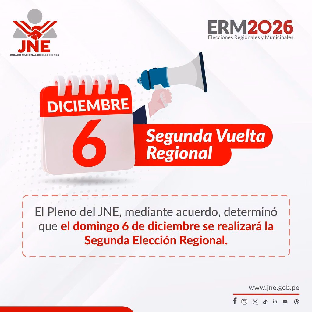 Elecciones 2026: JNE fija nueva fecha de segunda vuelta regional 2026 para el 6 de diciembre 2026