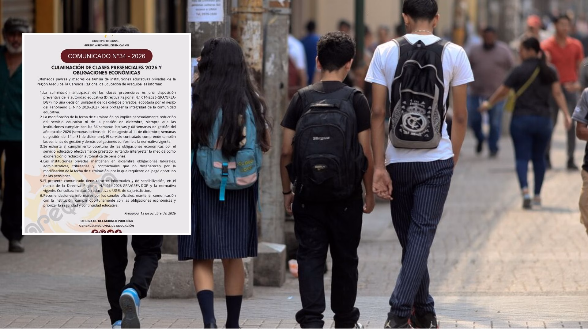 Arequipa: GREA aclara que culminación anticipada de clases no implica reducción de pago de pensiones