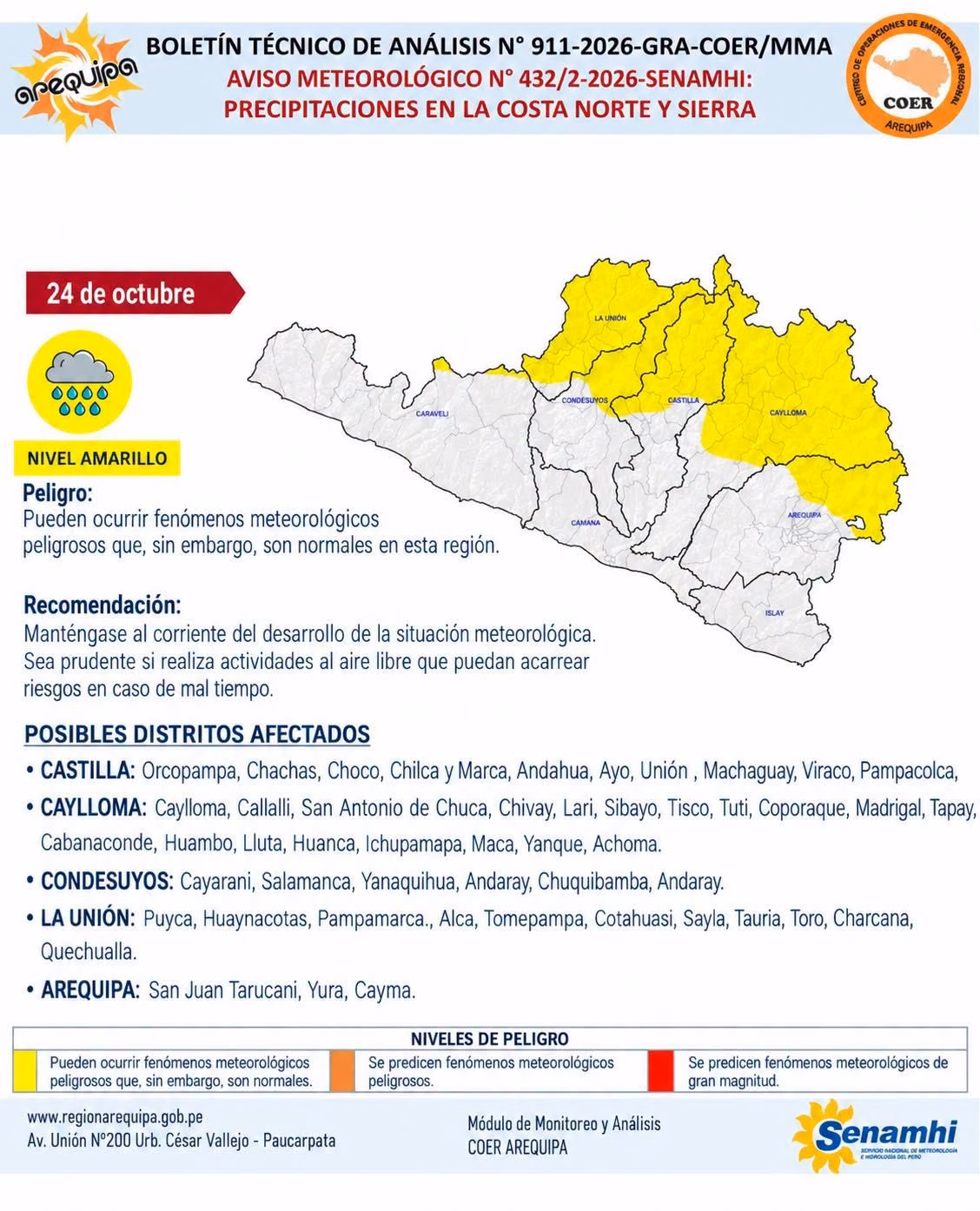 Arequipa: alertan por lluvias, granizo y vientos fuertes en provincias ¿Cuáles son los distritos afectados?