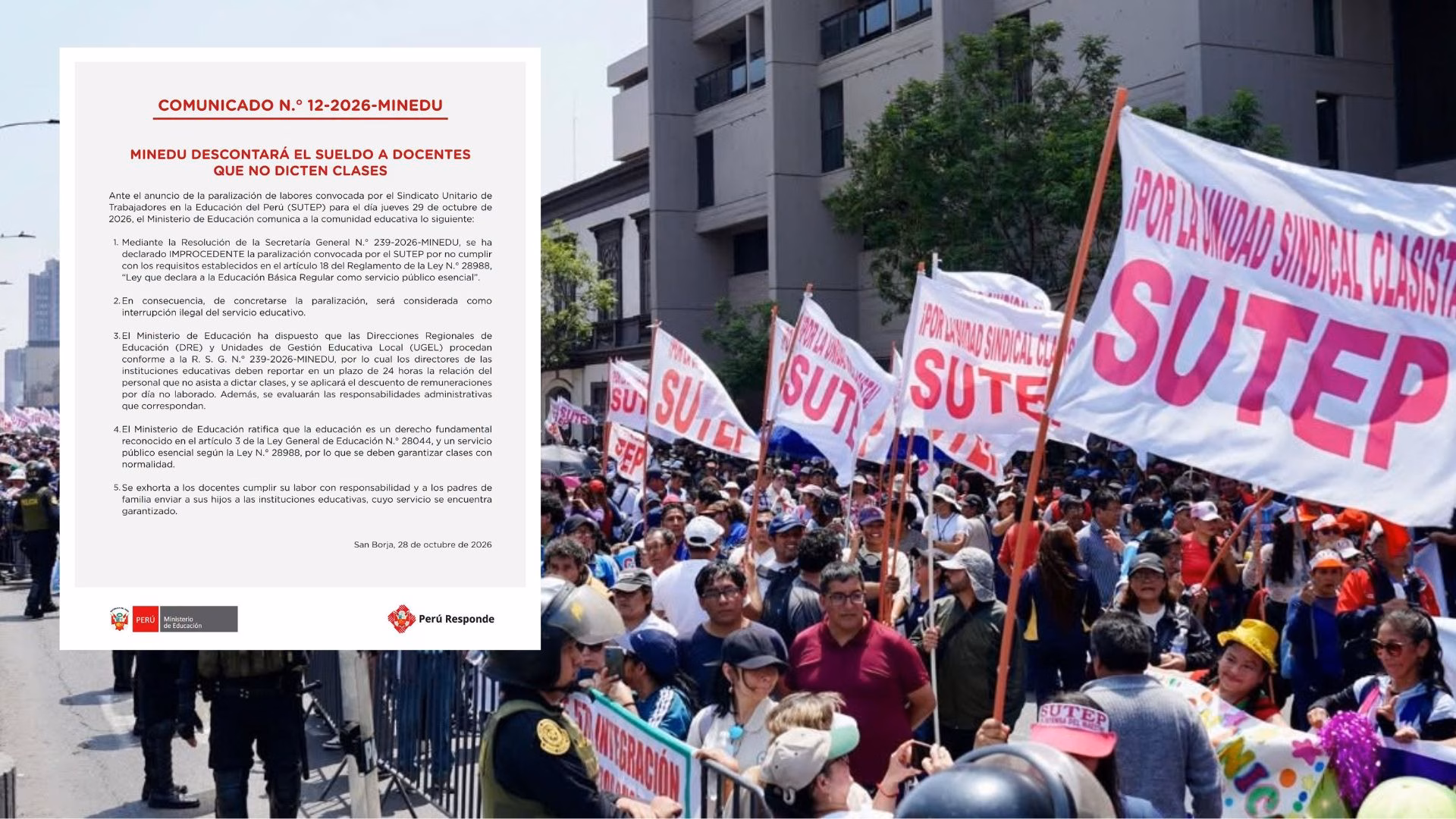 Minedu descontará sueldo a profesores que no asistan a clases por paralización del SUTEP