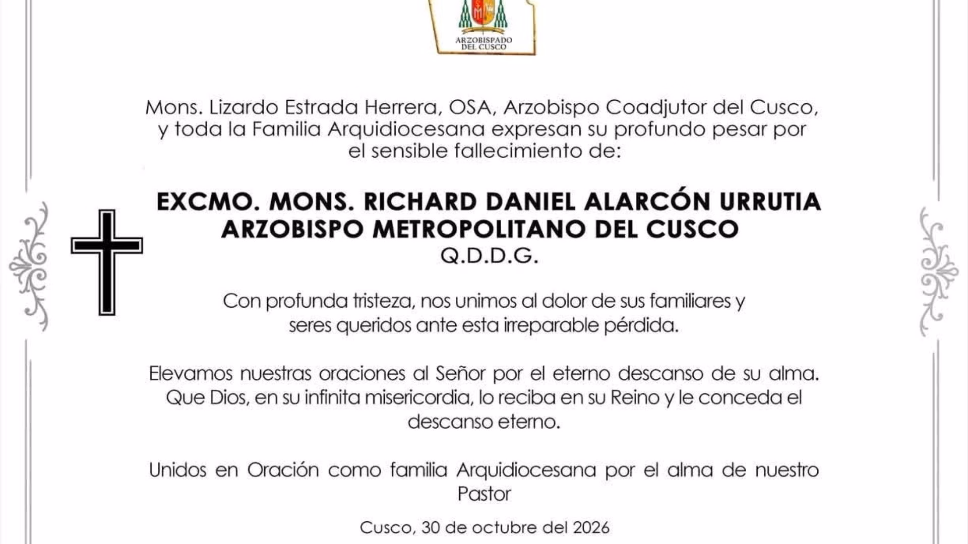 Falleció Richard Alarcón, arzobispo metropolitano del Cusco a pocos días de la llegada del papa León XIV